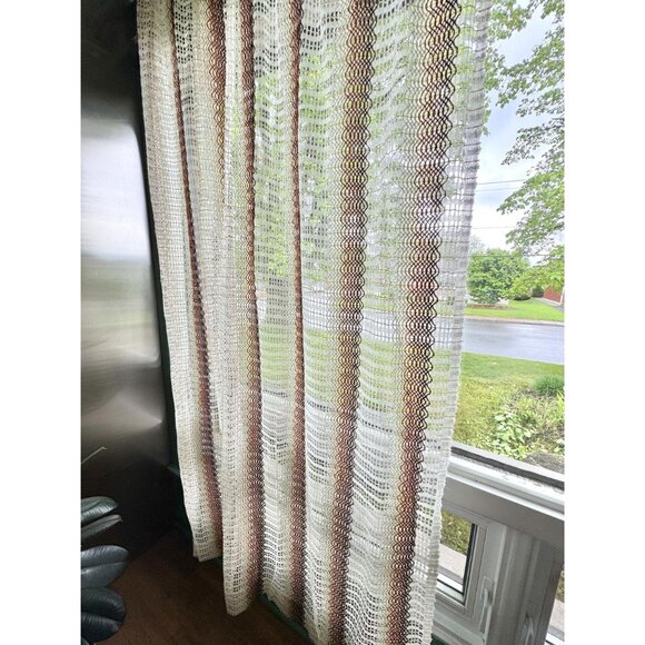 Vintage 70s mesh curtain, tan, rust, brown wavy stripes, pleated, per panel - Picture 4 of 10